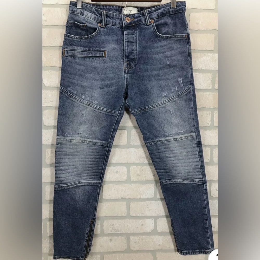Zara Man Moto Jeans Blue Distressed Button Fly Skinny Zip